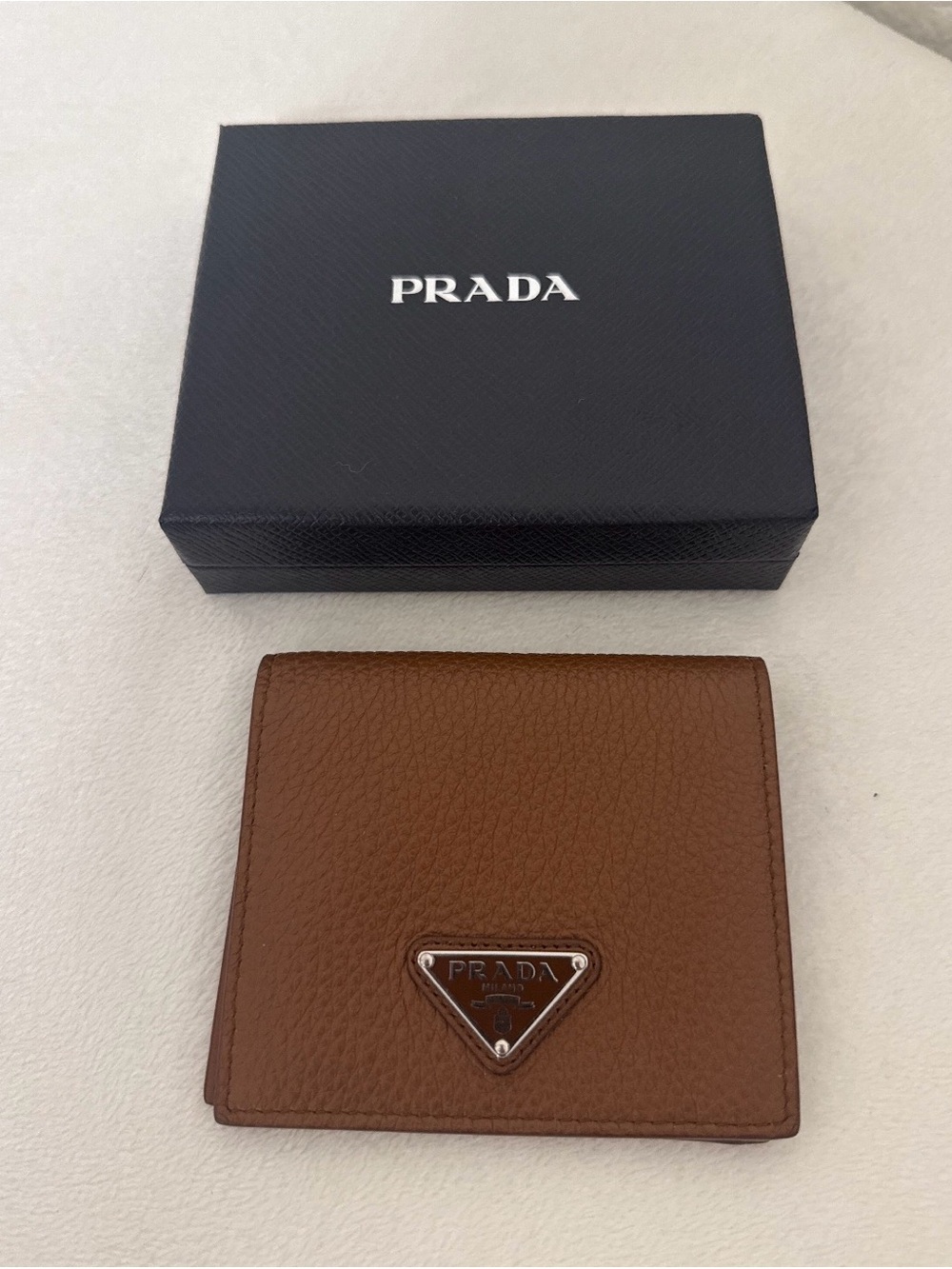 Prada Brown Pebbled Leather Men's Card Wallet with Triangle Logo